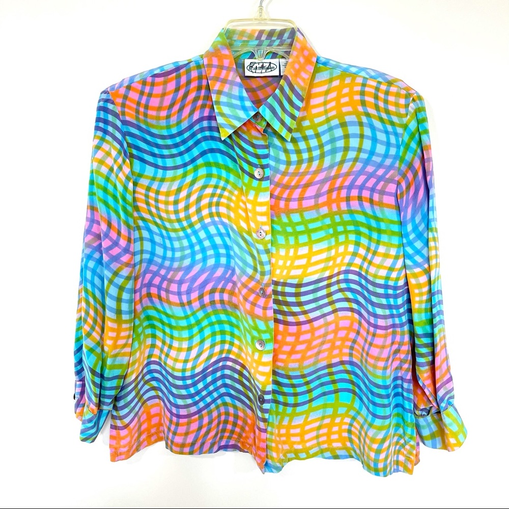 Vtg 90s Pastel Rainbow Psychedelic 100% SILK Top